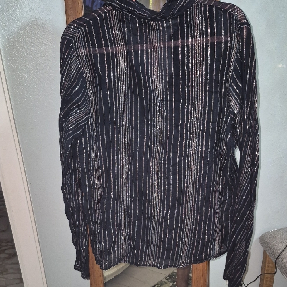 Double Zero Black and Red, Blue & Silver Metallic Striped Blouse. - Picture 3 of 5